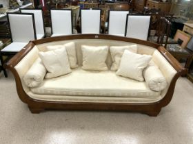 THREE SEATER WALNUT FRAMED SLEIGH STYLE SOFA 194CM BY WYLLIE AND MAR DESIGN STUDIO