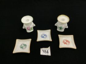 A PAIR OF PORCELAIN CANDLESTICKS BY AUGARTEN WIEN AUSTRIA, 6 CMS AND 3 SMALL DRESDEN PORCELAIN