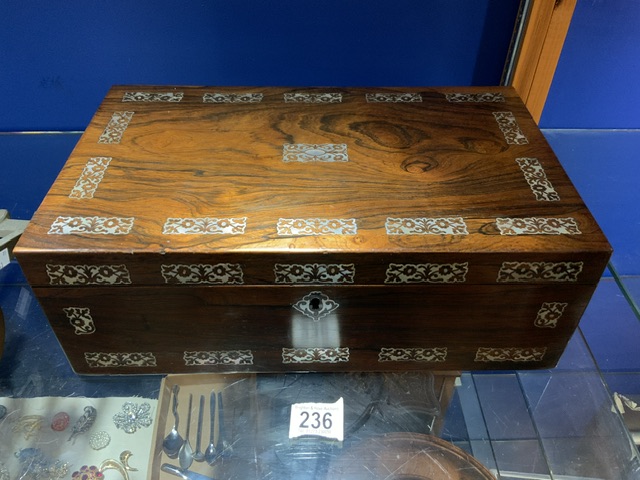 LARGE ROSEWOOD BOX DECORATED WITH MOTHER OF PEARL 40 X 25CM