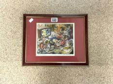 JOYCE MAMOTT 1990 HAND COLOURED ETCHING FOOTBALL FIXTURES SIGNED IN PENCIL 40X32CM