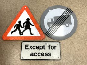 THREE ROAD SIGNS EXCEPT FOR ACCESS ,CHILDREN CROSSING AND NO ENTRY