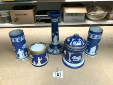 FIVE PIECES OF WEDGWOOD BLUE JASPERWARE COMPRISING CANDLESTICK, 20CM, HALLMARKED SILVER MOUNTED