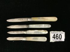 FOUR HALLMARKED SILVER WITH MOTHER OF PEARL FOLDING FRUIT KNIVES, LARGEST 8CM