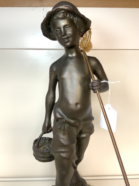 A BRONZE EFFECT COMPOSITE FIGURE OF A BOY WITH FISHING NET AND BASKET, 40 CMS. - Image 2 of 5