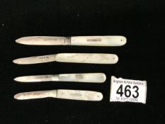 FOUR HALLMARKED SILVER WITH MOTHER OF PEARL FOLDING FRUIT KNIVES, LARGEST 7.5CM