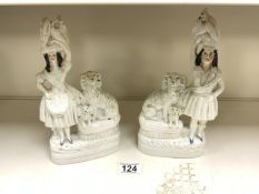 PAIR OF ANTIQUE STAFFORDSHIRE FIGURES WITH DOGS 26CM