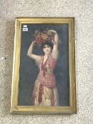 FRENCH PRINT DATED 1888 OF A YOUNG LADY FRAMED AND GLAZED 75 X 48CM