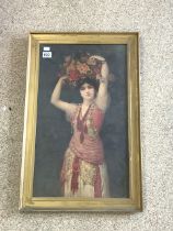 FRENCH PRINT DATED 1888 OF A YOUNG LADY FRAMED AND GLAZED 75 X 48CM