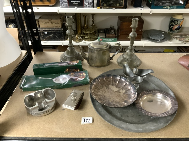 MIXED PEWTER ITEMS INCLUDES CANDLESTICKS AND MORE