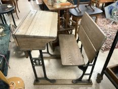 ANTIQUE CHILDRENS SCHOOL DESK WITH SEAT AND ORIGINAL CERAMIC INKWELL