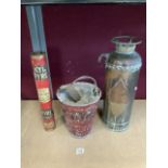 ANTIQUE FIRE BUCKET AND TWO ANTIQUE FIRE EXTINGUISHERS