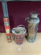 ANTIQUE FIRE BUCKET AND TWO ANTIQUE FIRE EXTINGUISHERS