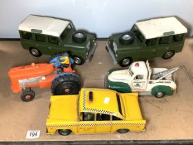 LARGE MIXED METAL TOY VEHICLES LANDROVER, TAXI, TRACTOR AND MORE