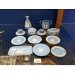 QUANTITY OF WEDGWOOD BLUE JASPERWARE TWIN HANDLE CUP,SQUAT CANDLESTICKS AND MORE