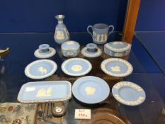 QUANTITY OF WEDGWOOD BLUE JASPERWARE TWIN HANDLE CUP,SQUAT CANDLESTICKS AND MORE