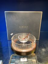 BOXED LINLEY TRAFALGAR CAVIAR BOWL SET IN WALNUT BASE