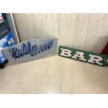 TWO VINTAGE WOODEN SIGNS COLD BEERS AND BAR LARGEST 120CM