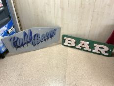 TWO VINTAGE WOODEN SIGNS COLD BEERS AND BAR LARGEST 120CM
