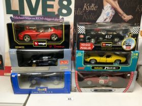 SIX DIECAST MODEL CARS IN BOXES, INCLUDES - REVELL LOTUS ELISE, TWO BURAGO MERCEDES BENZ AND A VIPER