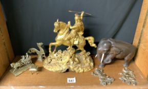 MIXED ITEMS FIGURE ON HORSE IN GILT SPELTER,WOODEN CARVED ELEPHANT AND BRASS ITEMS