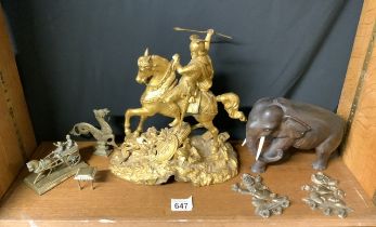 MIXED ITEMS FIGURE ON HORSE IN GILT SPELTER,WOODEN CARVED ELEPHANT AND BRASS ITEMS