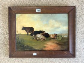 C.T.E MONOGRAMMED OIL ON BOARD OF CATTLE 56 X 43CM