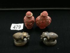 TWO CHINESE CINNABAR PERFUME BOTTLES WITH TWO SMALL BRONZE ELEPHANTS