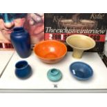 BLUE GLAZED ROYAL LANCASTRIAN VASE; 20 CMS, ORANGE GLAZED ROYAL LANCASTRIAN BOWL; 22CMS AND 4