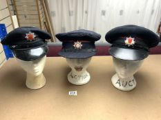 TWO EAST SUSSEX FIRE BRIGADE HATS AND ONE BRIGHTON FIRE BRIGADE HAT AYERS AND SMITH AND GRANTHAM