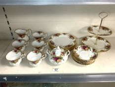 ROYAL ALBERT OLD COUNTRY ROSES CAKE STAND, FIVE TEA CUPS, SIX SAUCERS, SUGAR BOWL, JUG AND SIX