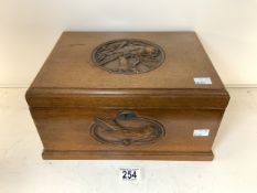 A MAHOGANY VANITY BOX WITH MIRROR INSIDE AND CARVED BIRD MOTIF DECORATION; 32X24X17 CMS.