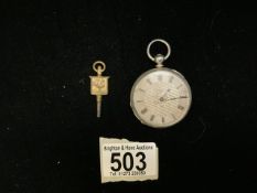 A SILVER PLATED OPEN-FACED POCKET WATCH THE DIAL WITH ROMAN NUMERALS