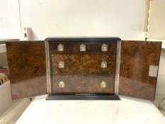 VICTORIAN BURR WALNUT STATIONARY CABINET WITH FITTED INTERIOR AND EBONISED MOULDING, 39X34X38 CMS.