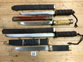 FOUR REPRODUCTION SHORT SWORDS/DAGGERS LONGEST BLADE LENGTH 40CM