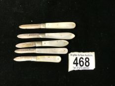 FIVE SMALL HALLMARKED SILVER WITH MOTHER-OF-PEARL FOLDING FRUIT KNIVES, LARGEST 5.5CM