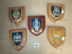 FIVE WOODEN SHIELD BACKED MOTIF'S POLICE RELATED