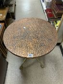 BEATEN COPPER TOPPED TABLE WITH A METAL BAMBOO EFFECT BASE 60CM DIAMETER