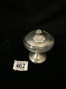 HALLMARKED SILVER WITH GLASS CIRCULAR PEDESTAL POWDER BOWL, THE LID WITH INSET MIRROR , DATED 1925