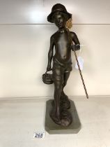 A BRONZE EFFECT COMPOSITE FIGURE OF A BOY WITH FISHING NET AND BASKET, 40 CMS.