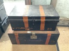 TWO VINTAGE METAL SHIPPING TRUNKS LARGEST 76 X 43CM