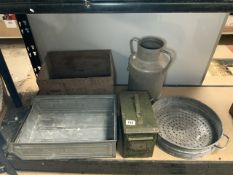 MIXED ITEMS GALVANISED METALWARE AND ADVERTISING CRATE AND MORE