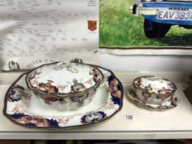 LARGE ROYAL CROWN DERBY OVAL MEAT PLATE, MATCHING OVAL TUREEN AND SAUCE TUREEN WITH STAND WITH