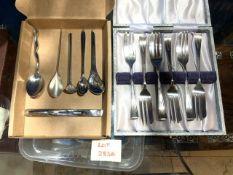 SIX SILVER-PLATED CAKE FORKS IN A BOX AND A SET OF DESIGNER SPOONS