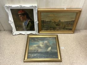 THREE OIL ON CANVAS; ONE BEING PORTRAIT IN WHITE ORNATE FRAME; LARGEST 74 X 54CM