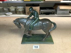 BRONZED RESIN RACEHORSE WITH JOCKEY 26CM