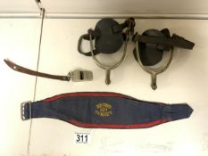 RED CROSS 129 SURREY ARMBAND WITH A PAIR OF STIRUPPS AND A 1915 J.HUDSON & CO WHISTLE