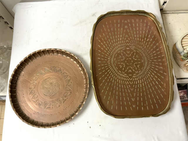 FIVE VICTORIAN COPPER JELLY MOULDS, A BRASS AND COPPER GALLERIED TRAY, COPPER HORN AND OTHER - Image 6 of 6