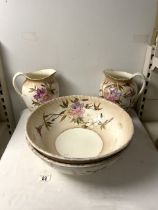 TWO BONN CERAMIC WASH BOWLS AND JUGS DECORATED WITH BIRDS AND FLOWERS.