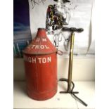 A VINTAGE ODM PETROL CAN BRIGHTON AND A VINTAGE SUNBEAM BRASS TYRE PUMP.