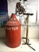 A VINTAGE ODM PETROL CAN BRIGHTON AND A VINTAGE SUNBEAM BRASS TYRE PUMP.